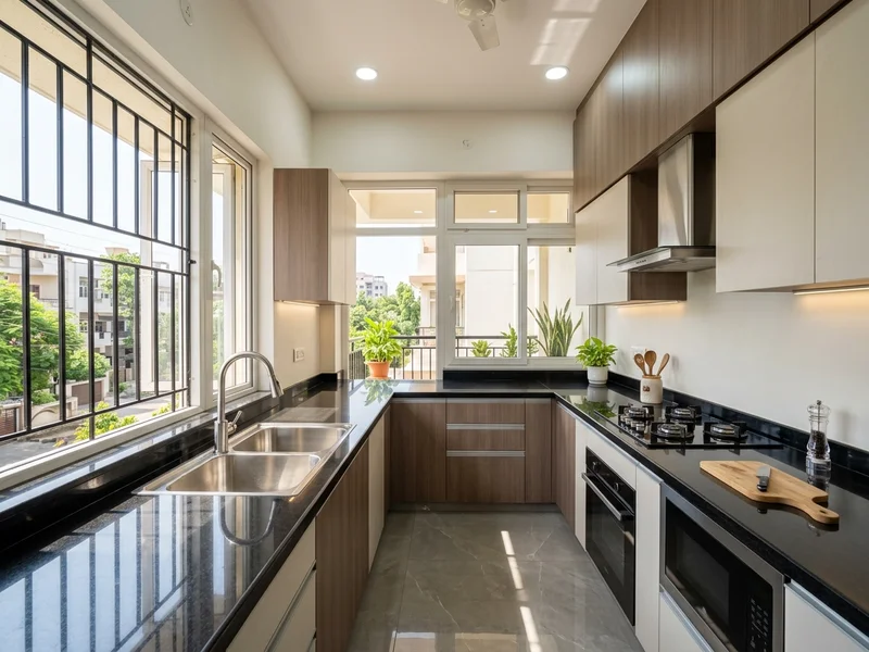 Modern modular kitchen layout with clean cabinets and storage shelves