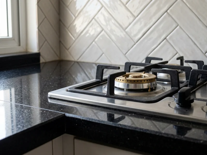 Stainless steel gas burner hob and polished granite counter surface